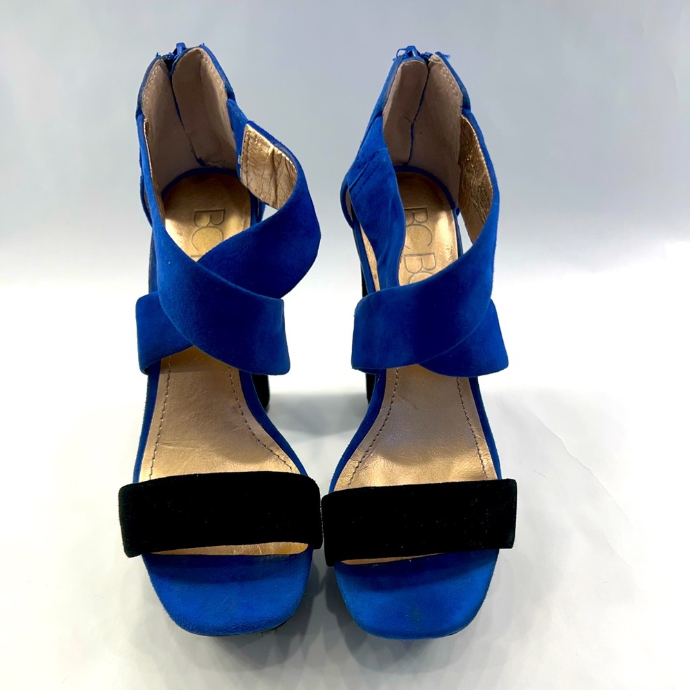 BCBG Blue and Black Suede Platform Heels, Size 6.5